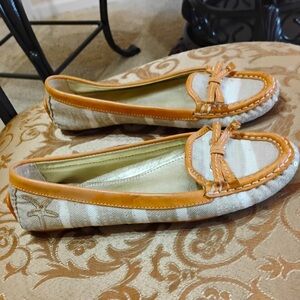 Coach Ireen Starfish Khaki Leather Canvas Sequin Designer Flats Size 6.5 B